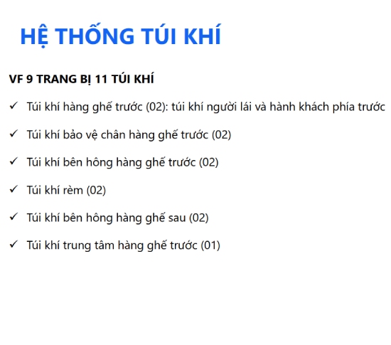 hệ thống túi khí vinfast vf9